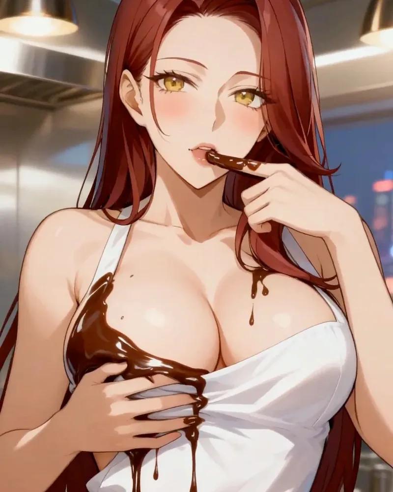 Illustrative anime-style portrait of a red-haired adult character in a white dress